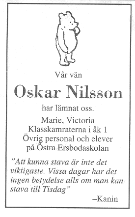 Här är dödsannonsen som klasskamraterna, lärare och skola satte in i VK.